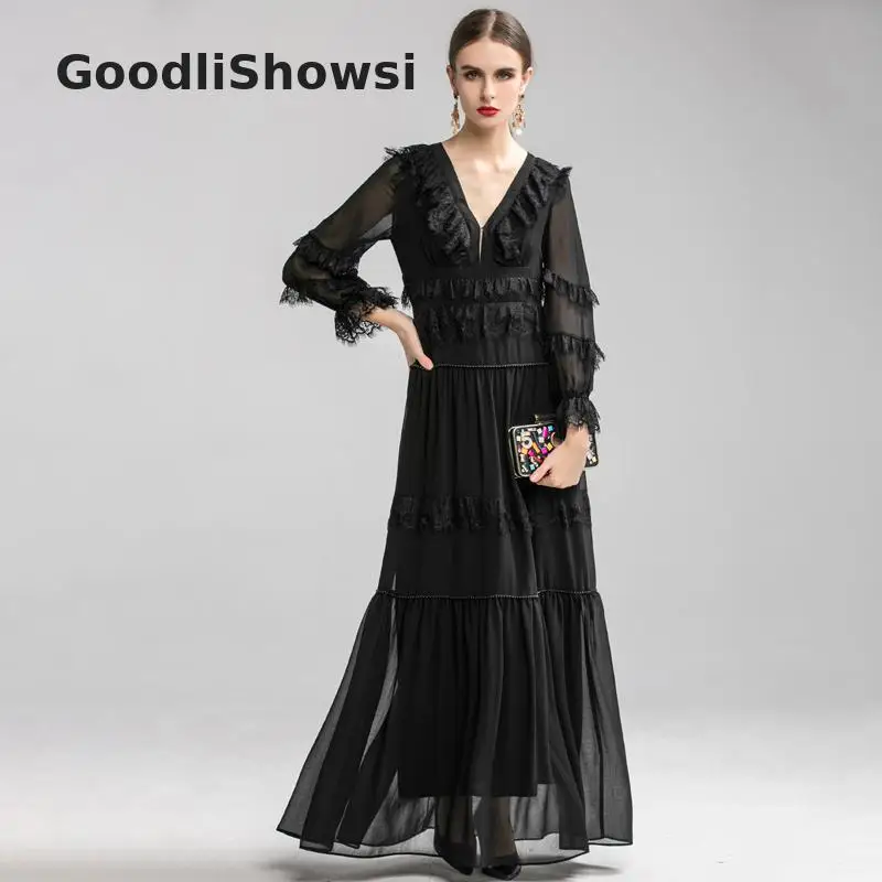GoodliShowsi, элегантное вечернее платье, сплошной цвет, кружево, пэчворк, прозрачная сетка, бисероплетение, сексуальный v-образный вырез, женские вечерние платья, макси платье