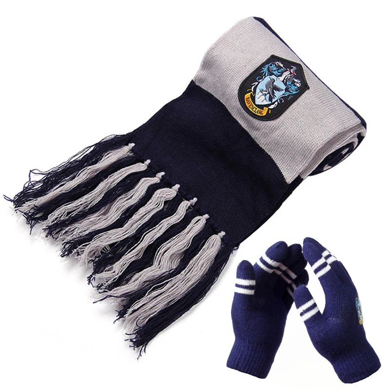 Wizard Potter Scarf Hermione Scarf Gryffindor/Slytherin/Hufflepuff/Ravenclaw Scarves Gloves Tassel Scarf Double Thickening Scarf - Color: Blue Gloves scarf