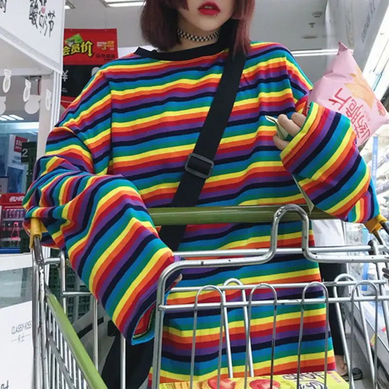 Harajuku/женская футболка в стиле панк с длинным рукавом для девочек, Радужный свитер в полоску, туника, топы, Повседневная Свободная уличная одежда в стиле хип-хоп
