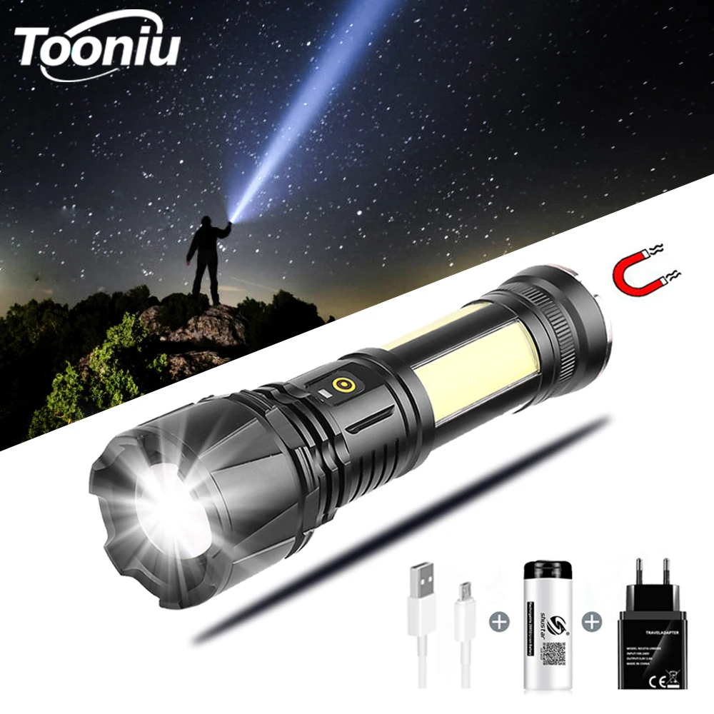 

Powerful LED Flashlight Waterproof P90+COB Tactical Torch Zoomable 26650 Light USB Rechargeable Camping Lantern Can Charge Phone