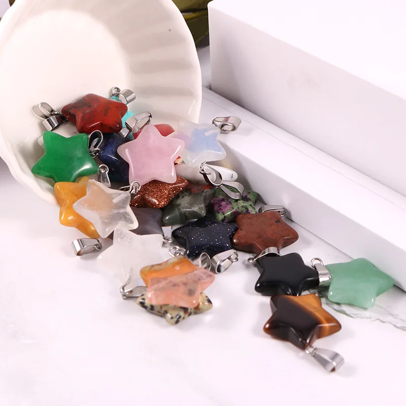 Natural  Stone Pentagram Rose Quartz Tiger's Eye Opal Crystal Pendants fit Chakras Necklace Jewelry  Making