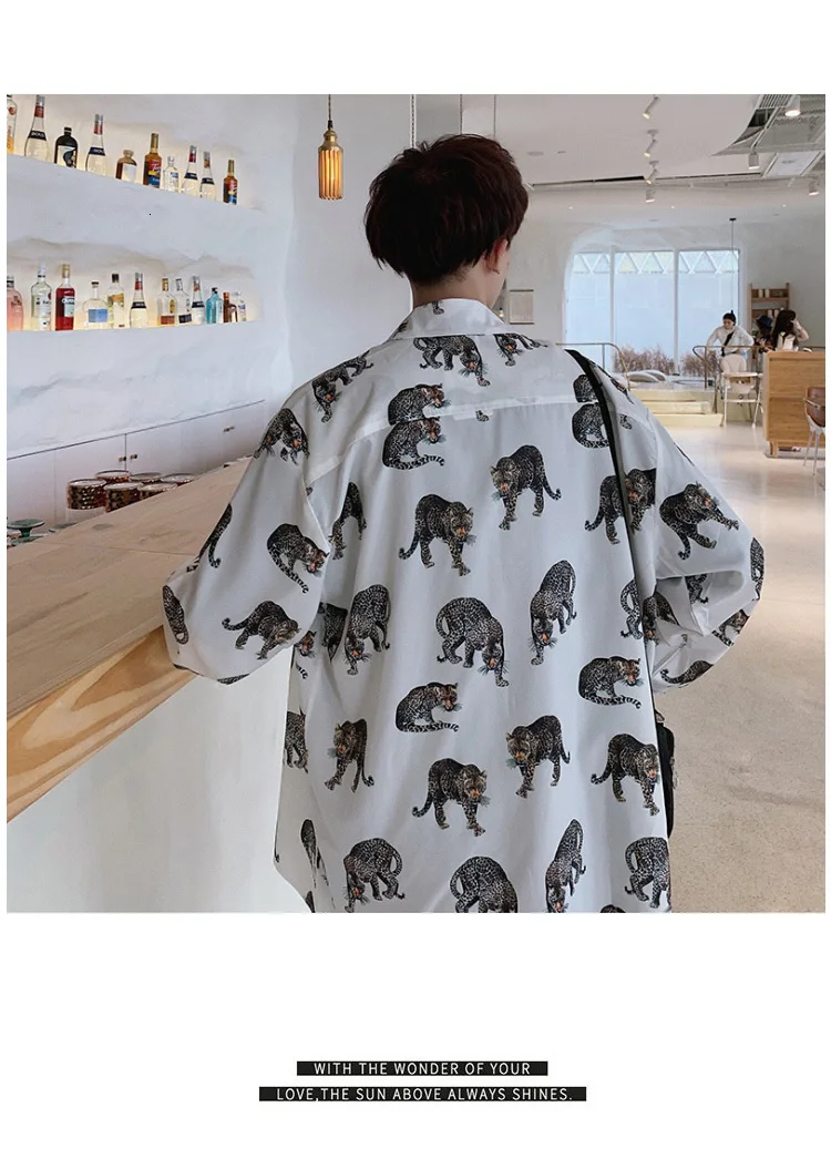 Men Long Sleeve Shirt Loose Japanese Streetwear Fashion Casual Shirts Polyester Print Animal Plus Asian Size M-5XL