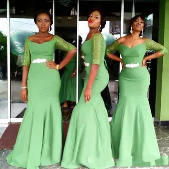

Elegant Nigerian Style Sage Long Bridesmaid Dresses Mermaid Scoop Neck Illusion Half Sleeves Beaded Bridesmaid Gowns