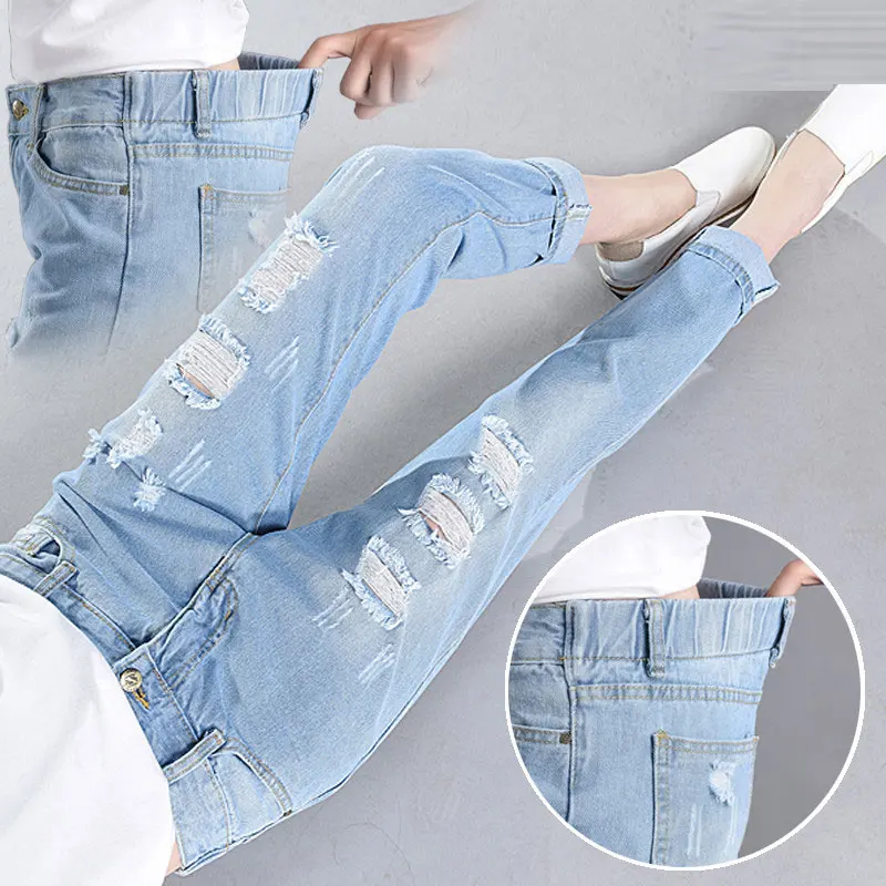 

New Korea Fashion Women Jeans Elastic Waist Loose All-matched Casual Harem Pants Vintage Ripped Jeans Cotton Denim Pants D171