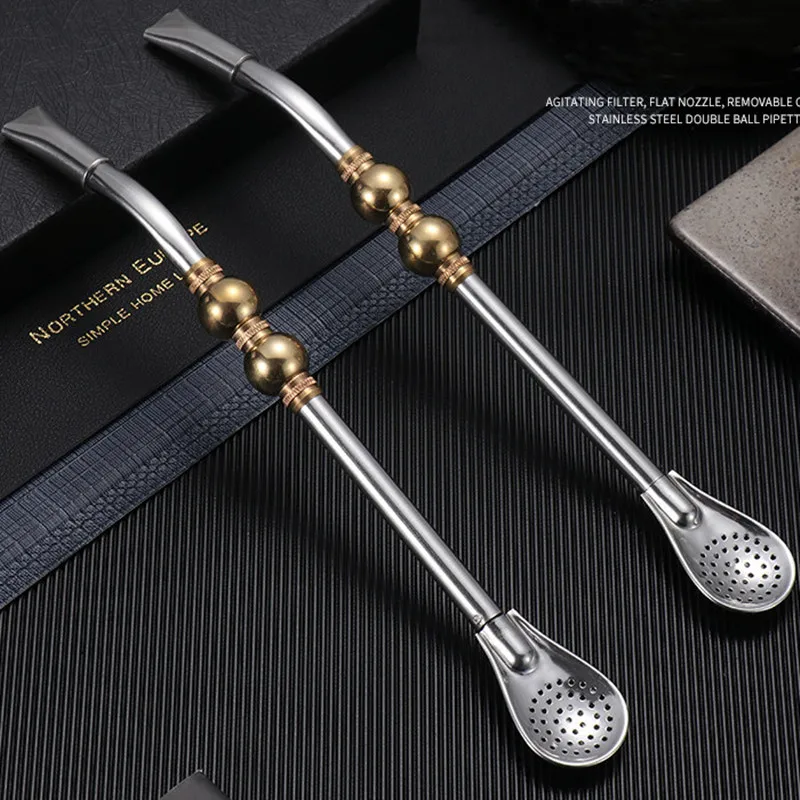Golden Duble Bead Straw Spoon Removable for Clean Tea Filter Yerba Mate Straws Reusable Drinking Milk Spoon