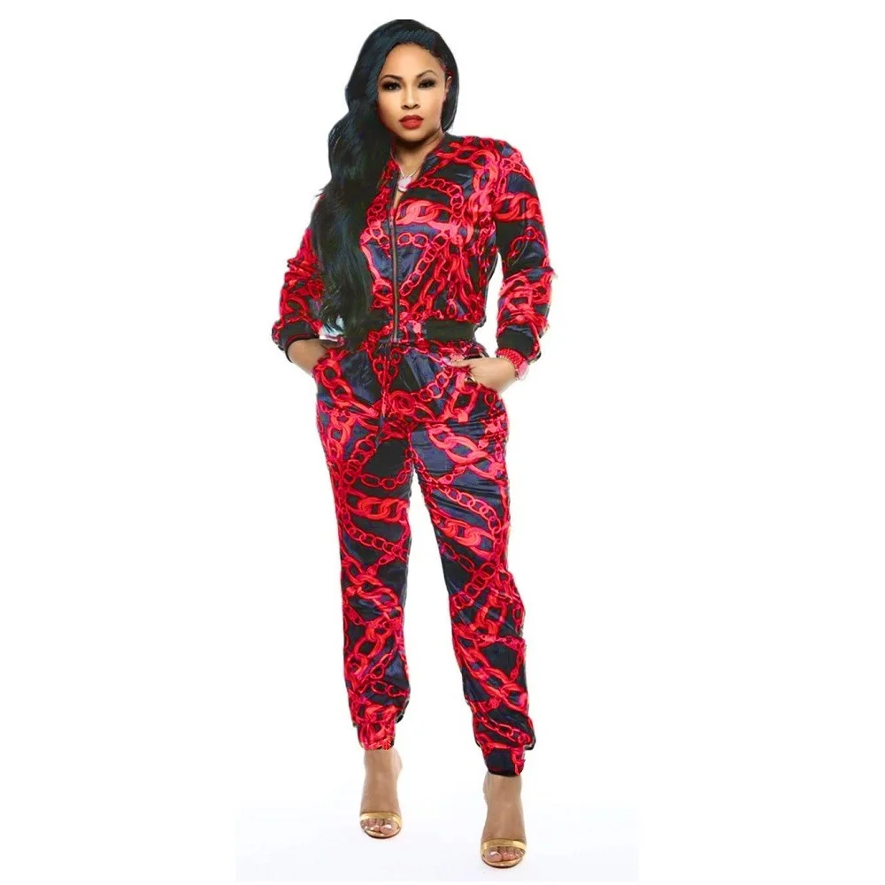 new women chain printed zip up turn down neck jackets pencil long pants suits two piece set tracksuit outfit GLX9108 - Цвет: Красный