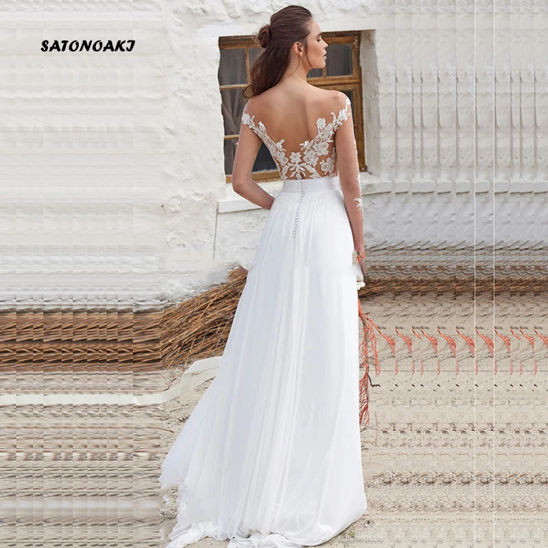 SATONOAKI пляжное свадебное платье с длинными рукавами свадебное платье из шифона с прозрачным вырезом сатиновое откровенное с аппликацией платье невесты Vestido De Noiva