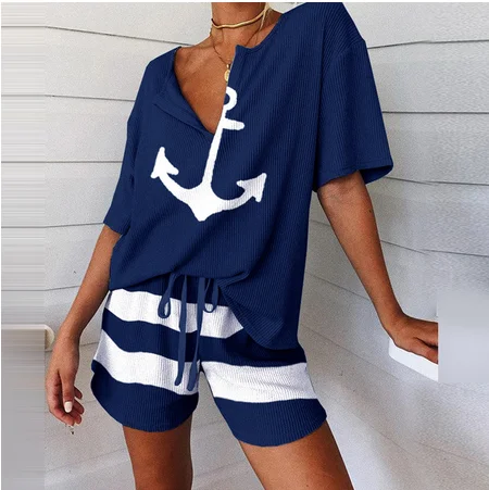 Summer 2Pcs Women Tracksuit Boat Anchor Print Shirt and Shorts Set Spring Elegant V Neck Pullover Ladies Sportswear Suits Pocket red lingerie set