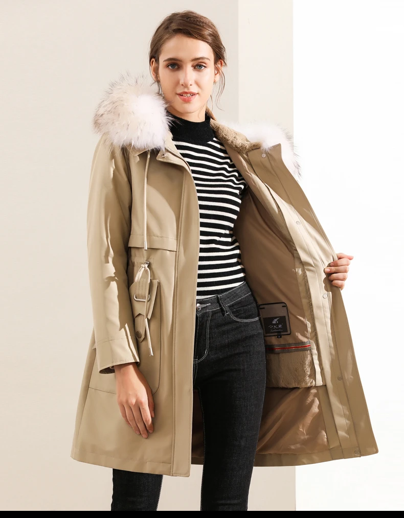 Big Natural Raccoon Fur Collar Hooded Long Parka Jacket Women Real Rabbit Fur Inside Coat Parka Ladies Winter Warm Outwear