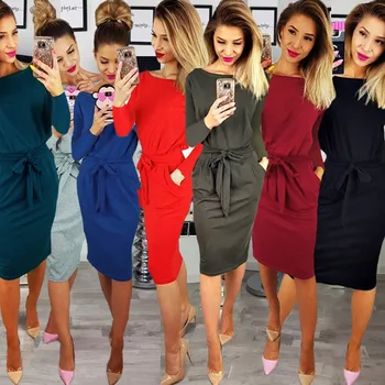 

Autumn Winter Fashion Women Dress Casual O-neck Solid Long Sleeve Pockets Dresses Elegant Bodycon Belt Plus Size Dress Vestidos