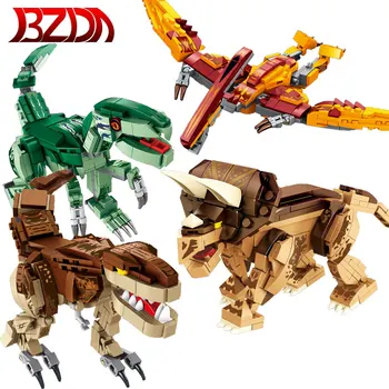 

BZDA Jurassic Dinosaur World Transformation Fighter Mecha Car Dinosaur 3 Forms Building Blocks Tyrannosaurus Bricks Toys Gifts
