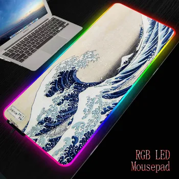 

XGZ Great Waves Art Gaming RGB Gamer Large Mousepad LED Lighting USB Keyboard Colorful Desk Pad Mice Mat for PC Laptop Desktop