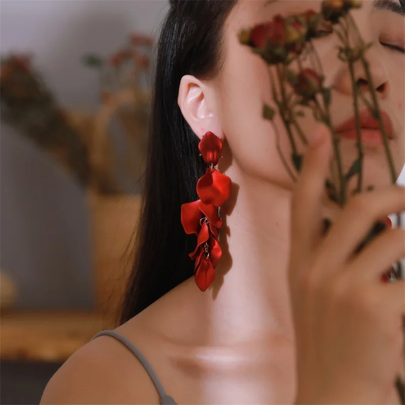 Корейские большие лепестки красной розы длинные висячие серьги для женщин эффектные Висячие серьги Свадебные подарки женские ювелирные украшения для ушей