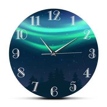 

Nature Landscape Aurora Borealis Artwork Wall Clock Green Northern Light Non Ticking Silent Movement Wall Watch For Living Room