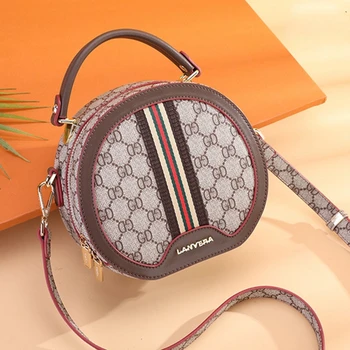 

Ladies Genuine Leather Round Handbag 2020 New Crossbody Round Cake Bag Female's Print Retro Shoulder Bag Party Purse Louis Brand