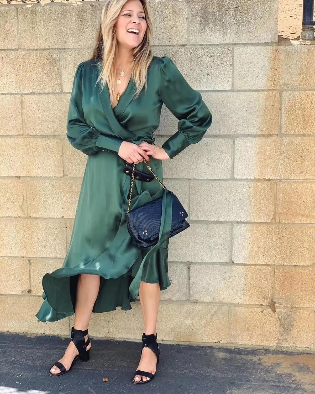 

100% silk women's long sleeve green spy silk wrap long dress with button cuffs