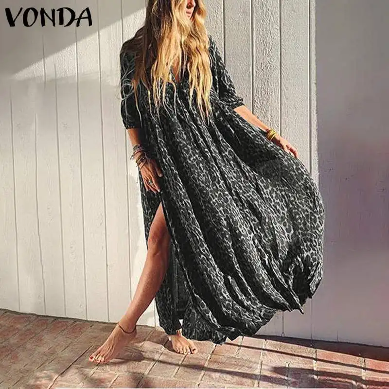 VONDA с леопардовым принтом, богемное длинное платье макси, Повседневное платье с рукавом средней длины и v-образным вырезом, свободные Клубные платья размера плюс вечерние платья, S-5XL