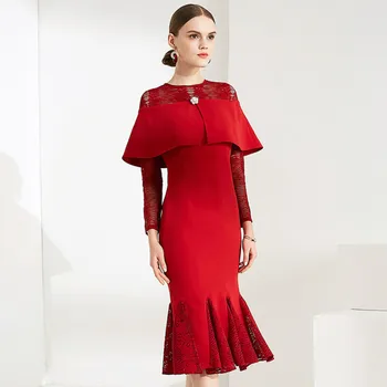 

Lace Patchwork Vintage Runway Designer Luxury Dress Ladies Plus Size Slim Red High Quality 2020 New Fashion Autumn Dresses Women