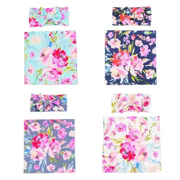 

2Pcs Little Kids Floral Printed Wrapped Blanket Towel Bow-knot Headband for Baby A2UB