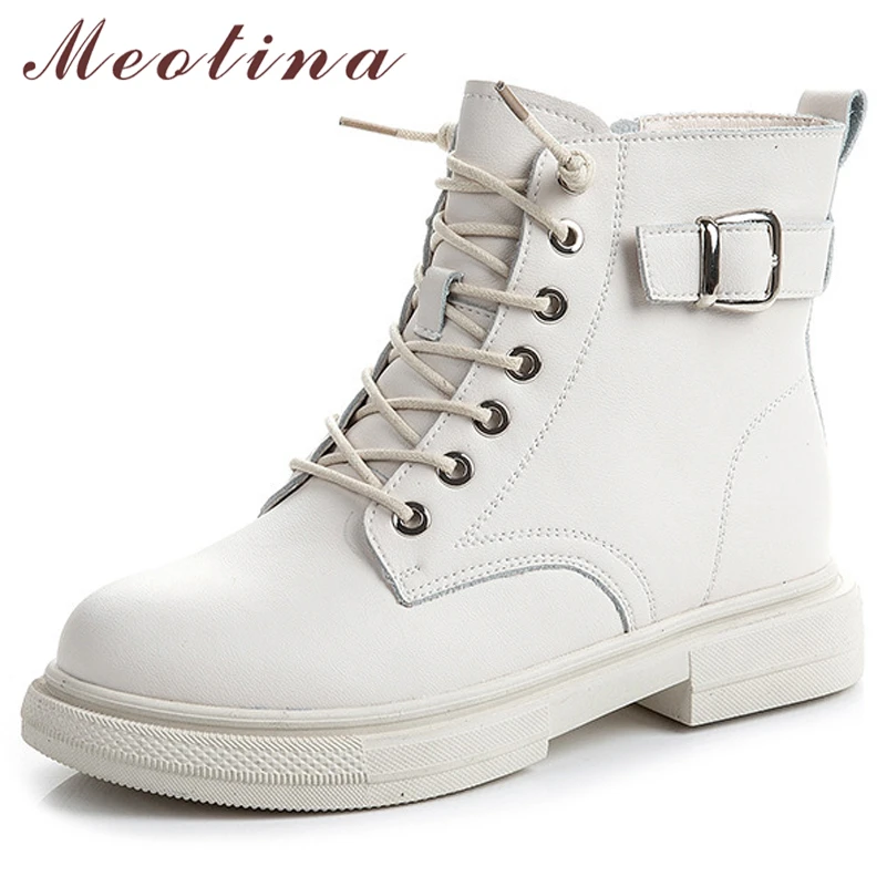 

Meotina Women Genuine Leather Ankle Boots Thick Med Heel Motorcycle Boots Buckle Zipper Lace Up Ladies Boots White Autumn Winter