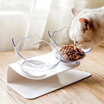 

Explosive Cat Double Bowl Cat Bowl Dog Bowl Transparent AS Material Non-slip Food Bowl With Protection Cervical Transparent Cat