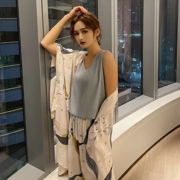 

Spring / Autumn Summer Cotton Silk Women's Pajamas Four Piece Suit Vest Short Sleeve Shorts Pajama Long Pants Pajama Suit Wholes