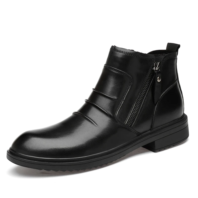 KATESEN men boots autumn winter plush warm leather all season work shoes men's fashion ankle boots plus fur black plus size 48