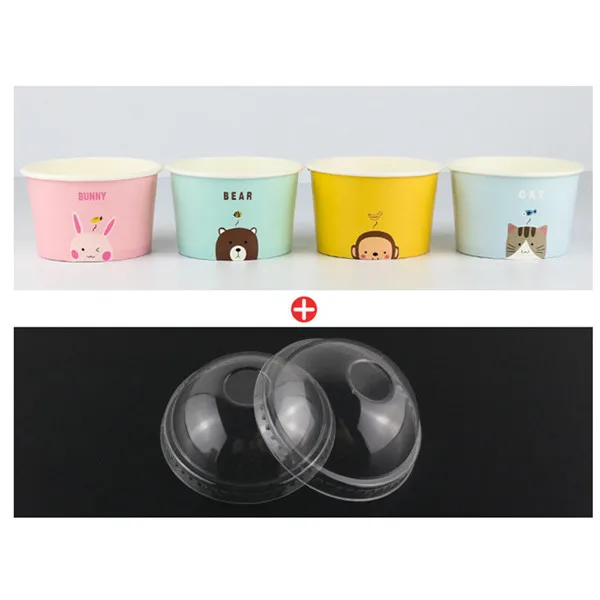 cup and lid 50 шт цветная одноразовая бумажная миска для мороженого с мультяшными животными 130 мл/200 мл круглая чашка для десерта, пирога, йогурта, фруктового пудинга с крышкой - Цвет: cup and lid