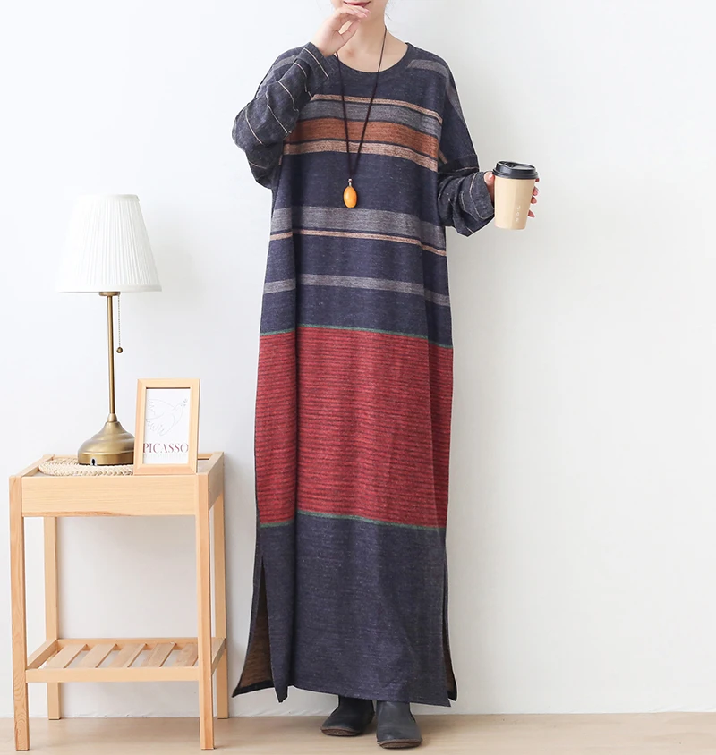 New Autumn Maxi Dresses for Women Casual Loose Long Sleeve Dress Women Knitting Striped Rabbit Hair Printed Robe Winter Vestidos