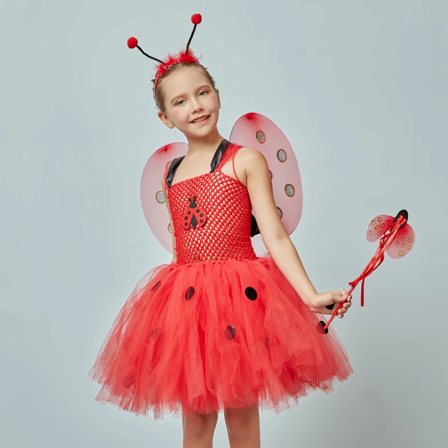 Girls Ladybug Tutu Dress Kids Ladybug Halloween Birthday Insect Animal Costume Girls Fancy Dress with Wings Antenna and Wand  (3)