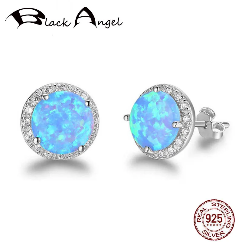 

BLACK ANGEL Elegant Simple Fire Opal Earrings 925 Sterling Silver Blue Opal Hamsa Stud Earring for Women Jewelry Gift
