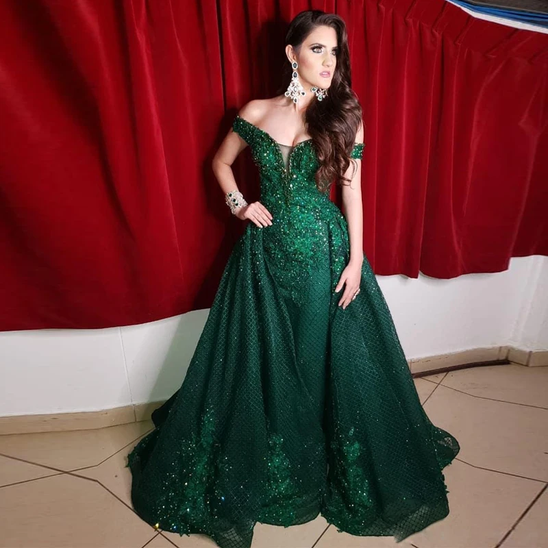 Арабский темно-зеленое Русалка Вечерние платья Кружева из бисера юбка платье с блестками для выпускного вечера с аппликацией в виде сетки Праздничное платье