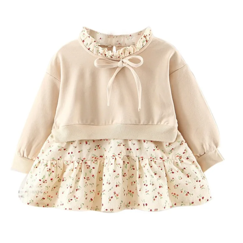 Платье для маленьких девочек детская одежда на весну-осень комбинированное платье принцессы из хлопка с бантом для маленьких девочек