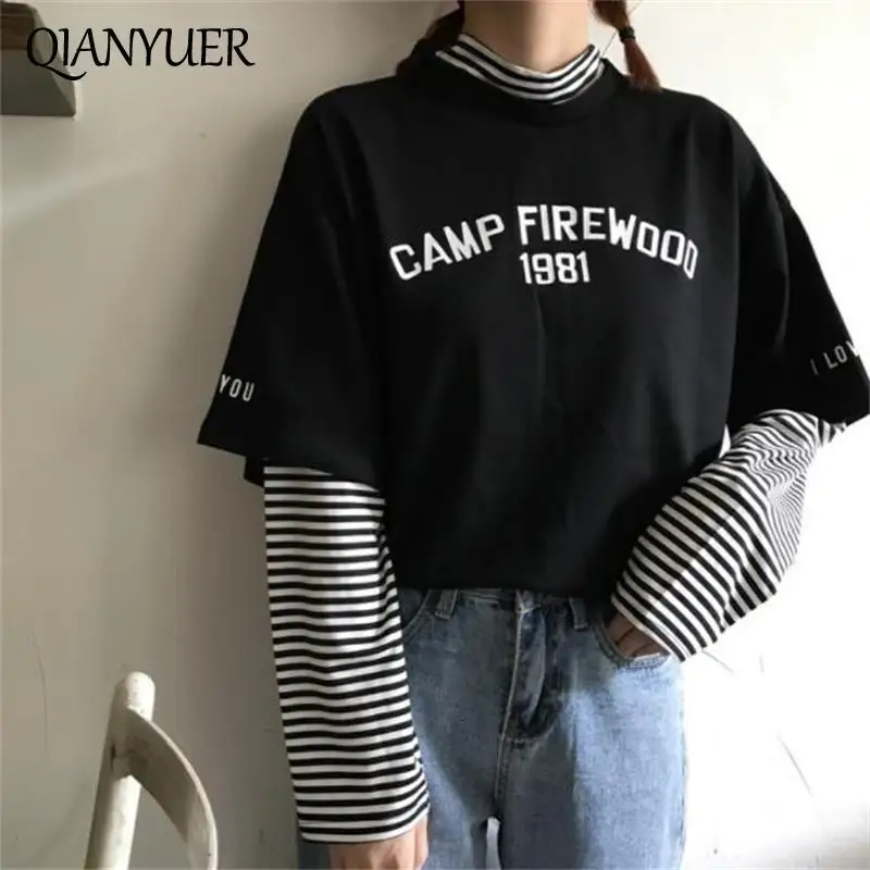 Women's T-shirts Tunic Kawaii Ladies Vintages Triped Long Sleeve T-shirt Female Ulzzang Harajuku Tee For Women Casual Top