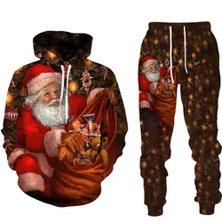 Ensemble 2 pièces pour homme et femme, survêtement, sweat à capuche et pantalon, imprimé 3D, père noël, bonhomme de neige, cadeau de noël 
