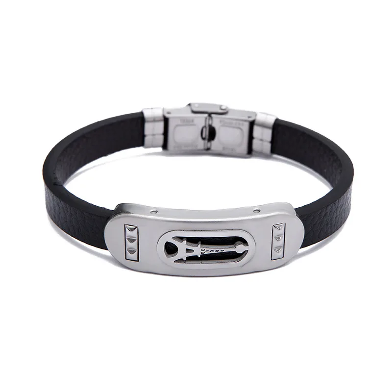 Silver Tone Cuff Bracelet for Men Black Rubber ɾiffel tower' Bracelets Bangles Wristband Male Armhand Jewelry Accessories |
