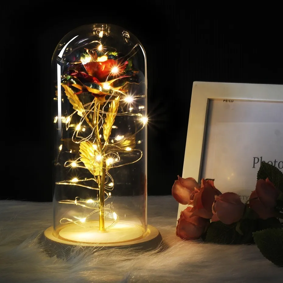 Светодиодная Золотая Роза в колбе стеклянный купол красота и чудовище красная Роза декоративные цветы венки на День Святого Валентина подарок подарки на день матери