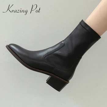 

Krazing Pot 2020 new arrival cow leather round toe high heel winter shoes young lady streetwear convenient mid-calf boots L42