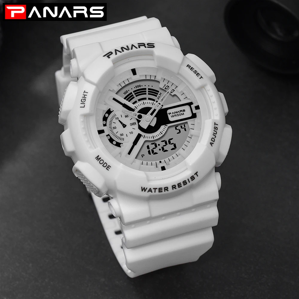 PANARS для спорта на открытом воздухе белые цифровые часы для мужчин Женская Сигнализация часы 5 бар водонепроницаемый шок военные часы светодиодный дисплей шок часы - Цвет: White