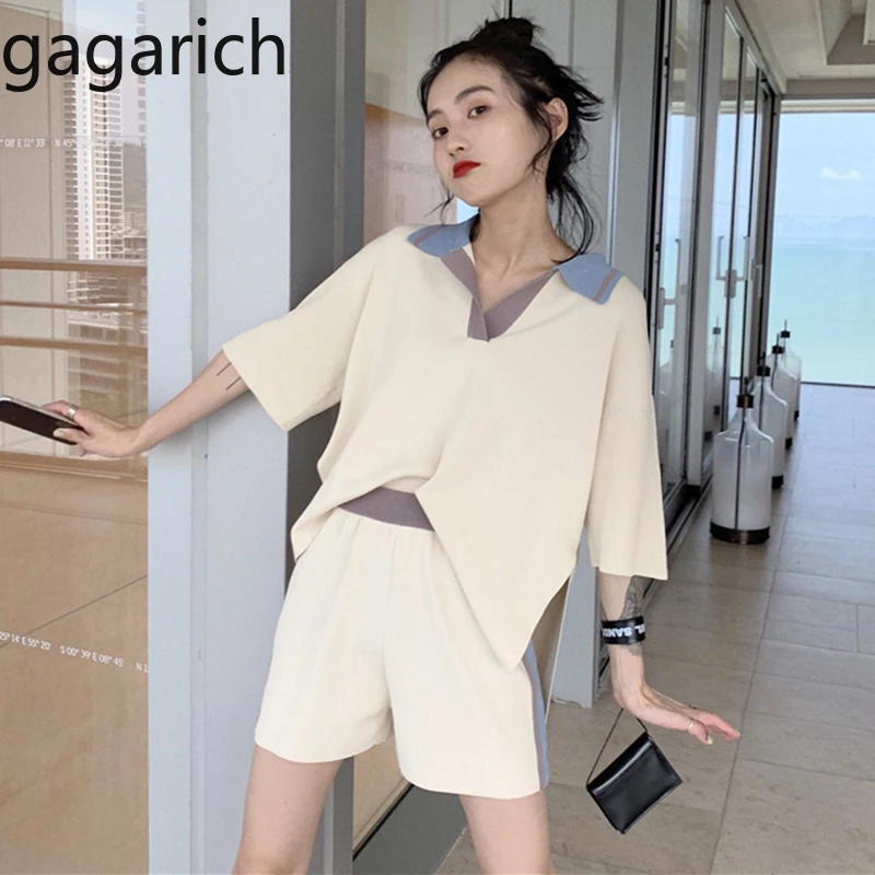 

Gagarich Women Two Piece Set Summer Solid Loose Contrast Color Short-sleeved Knitted Sweater Loose Mixed Colors Wide Leg Shorts