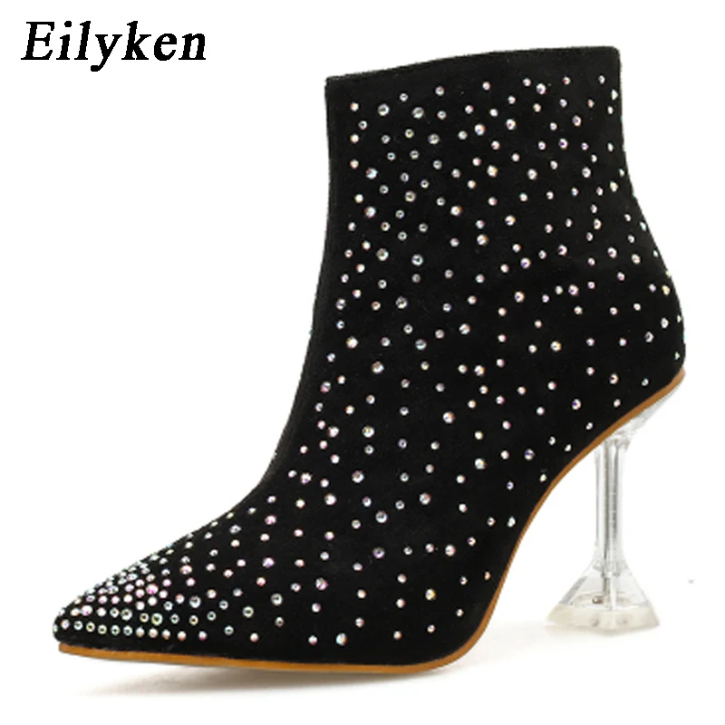 

Eilyken Fashion Sexy Crystal Pointed Toe Party Shoes Woman High Heels Zipper Short Autumn Winter Ladies Shoes Boots size 34-39