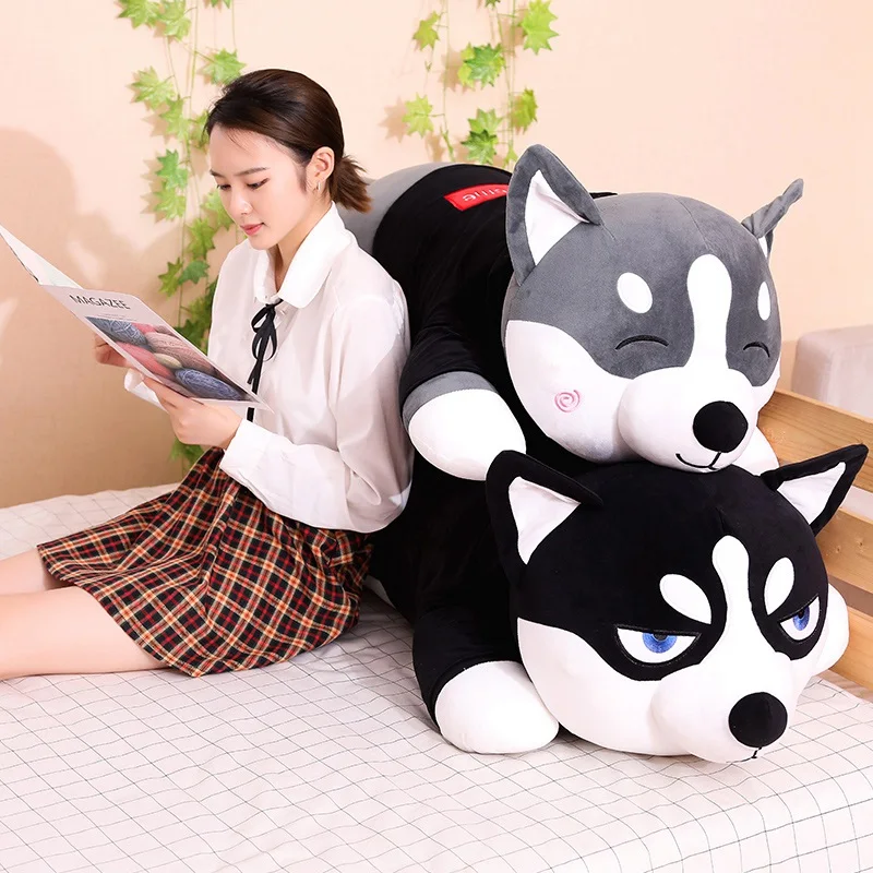 New Lovely Funny Dressed Husky Stuffed Doll Stripe Sweater Soft Husky Lying Plush Toy Grey/Black Dog Animals Kids Birthday Gift