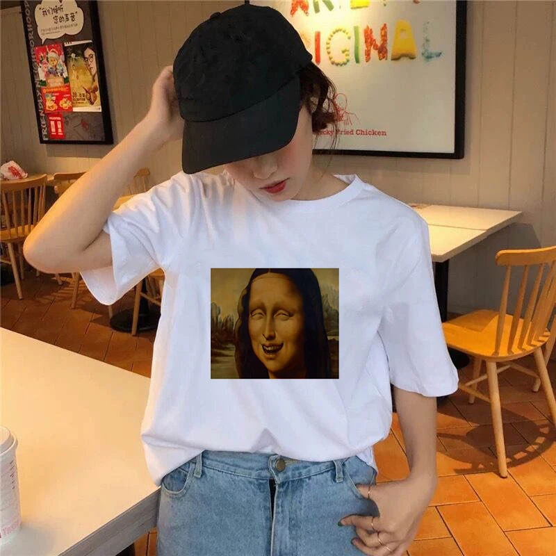 2020 Fashion Women Harajuku Change Mona Lisa Face Printed T Shirt Casual Short Sleeve Women's T-shirt Soft Female T shirt