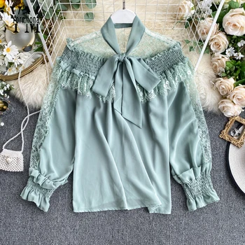 

YornMona Romantic Lace Ruffled Chiffon Blouses Women Spring Bow Neck Long Sleeve Elegant Shirts Tops