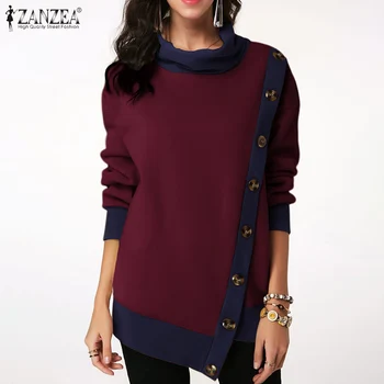 

ZANZEA Women Turtleneck Sweatshirt Tops Autumn Long Sleeve Patchwork Pullovers Casual Vintage Shirt Buttons Blusas Plus Size