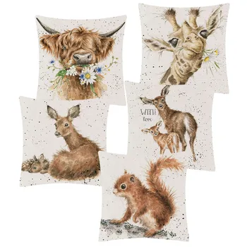 

Baby Animal Mink Deer Fox Bunny Rabbit Flying Bee Cushion Cover Hand Painting Animals Linen Throw Pillow Cover Sofa Decoration