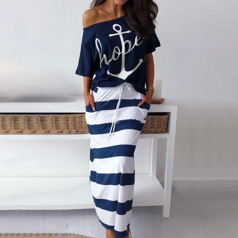 

2019 Summer Women's Suit Two Piece Sets Boat Anchor Print T-Shirt Striped Maxi Skirt Plus Size Elegant Vacation Leisure Set Lady