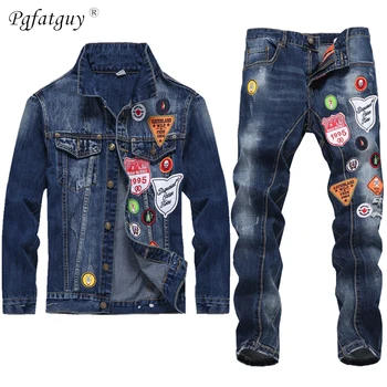 

2020 Vintage Mens' Embroidered Multi-badge Jeans 2PCS Set Retro White Red Leaf Badge Denim Jacket + Slim Straight Jeans Sets
