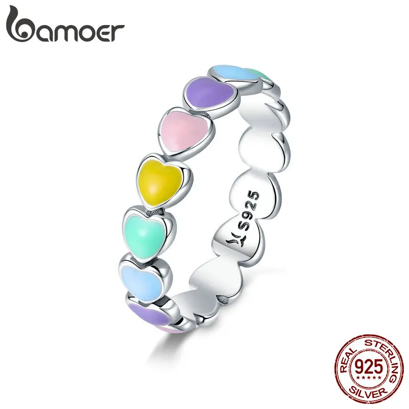 BAMOER подлинные 925 пробы серебряные стекируемые кольца с радужным сердцем для женщин обручальное кольцо ювелирные изделия Anel SCR444