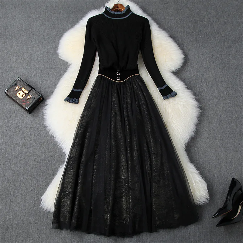 Черный Runway Designer 2Piece Skirt Set Women Fashion Autumn Winter Outfits Ruffles Neck Sweater and High Waist Tulle Skirt Sets - Цвет: Черный
